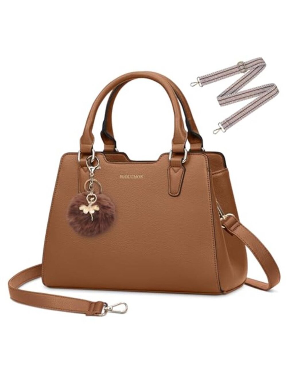 Brown Vegan Leather Satchel Tote Bag Women Crossbody Shoulder Purse Pompom